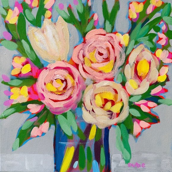 Original Floral Bouquet Painting Modern Abstract Art 12 x12 Canvas One of a Kind - Picture 1 of 8